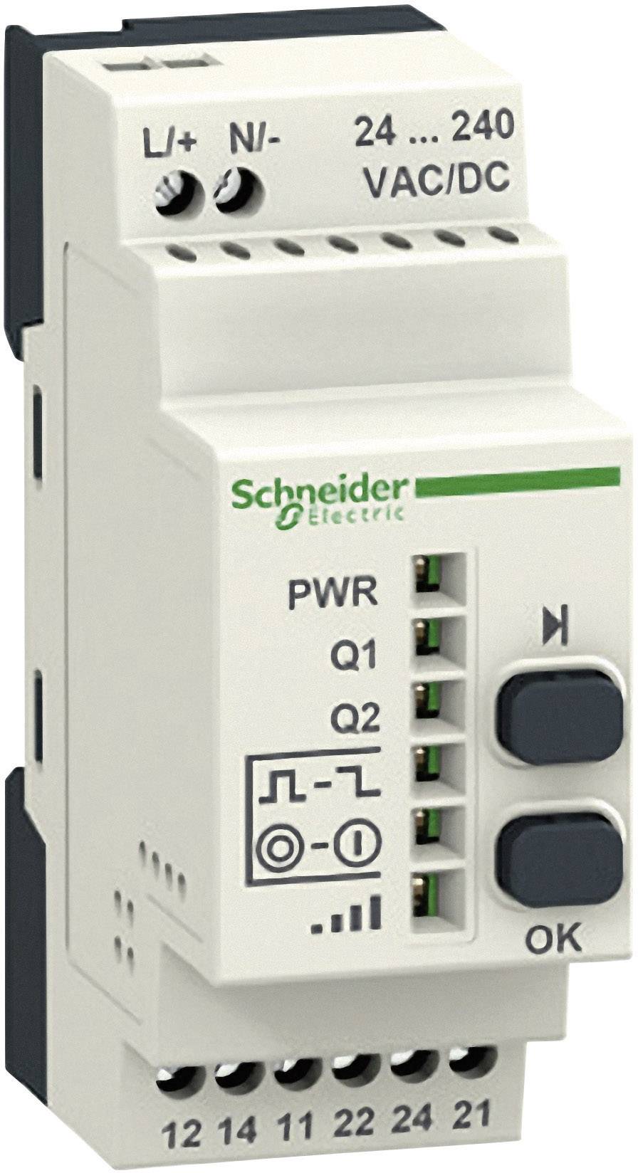 Un dispositivo elettrico bianco con marcature verdi e nere. Le marcature indicano 'Schneider Electric', PWR, Q1, Q2.