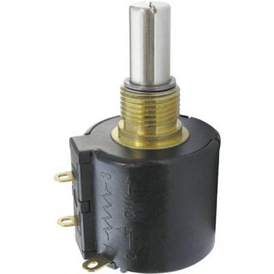 Un potenziometro rotativo nero, rotondo, con tre morsetti di connessione e un albero metallico in alto, raffigurato da una prospettiva ravvicinata.