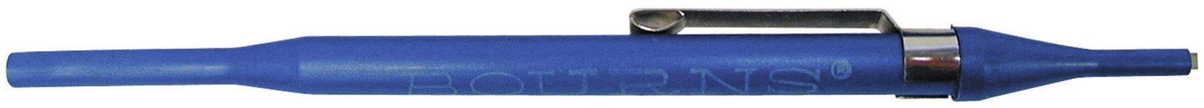 Penna a sfera blu con clip argentata, posizionata orizzontalmente.
