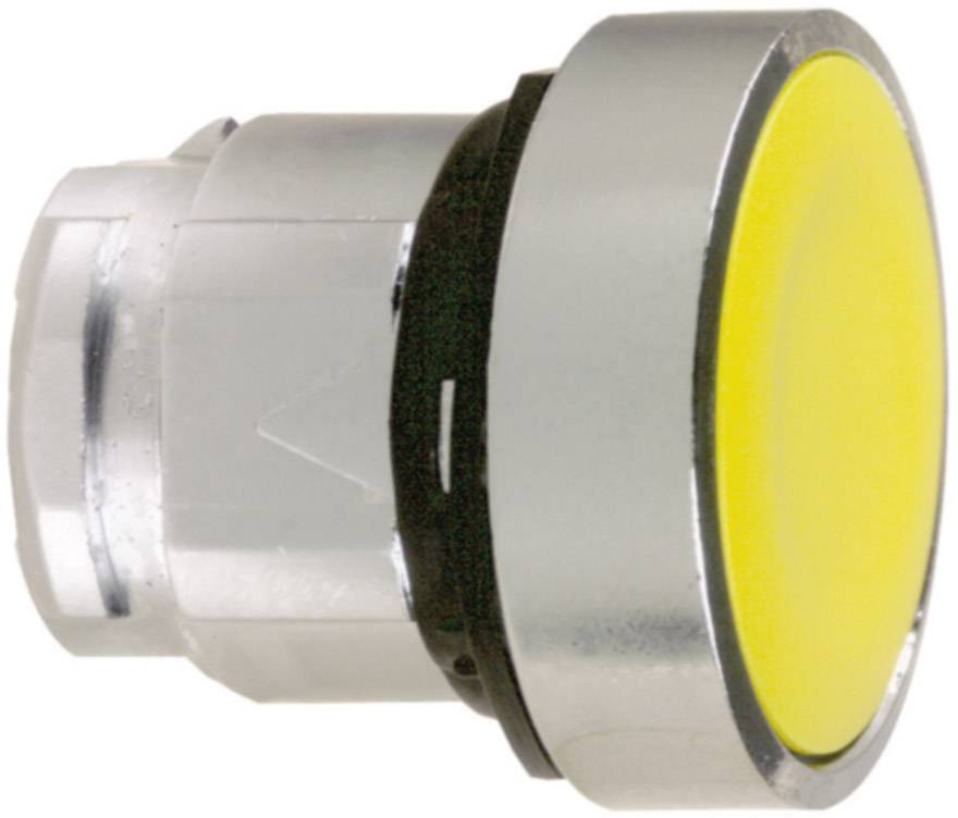 Pulsante giallo con cornice metallica, utilizzato come elemento di comando in sistemi di controllo macchine o dispositivi elettronici.
