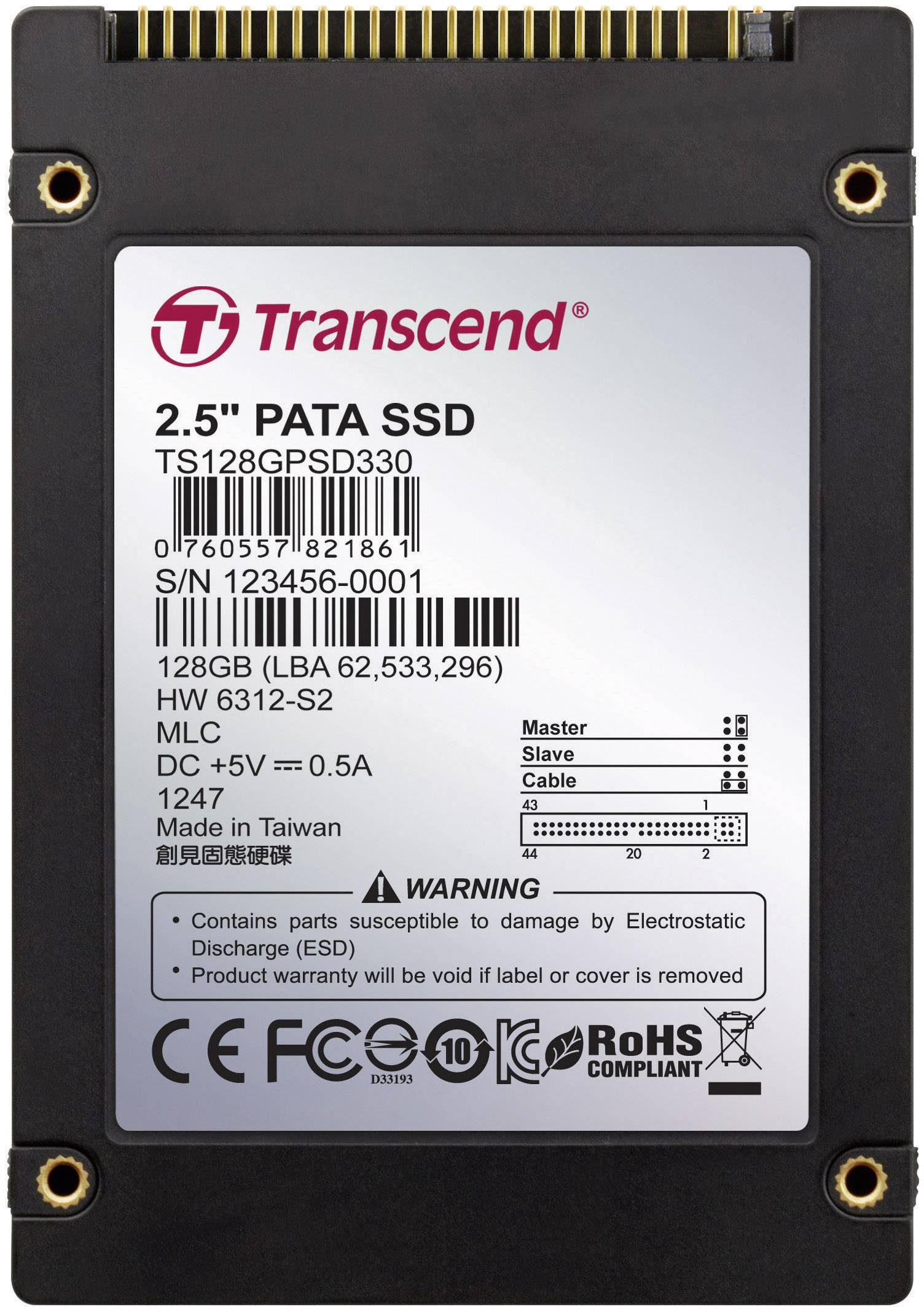 'Transcend 2.5" PATA SSD, 128GB, Modello TS128GPSD330. Avvertenza relativa alla scarica elettrostatica.'