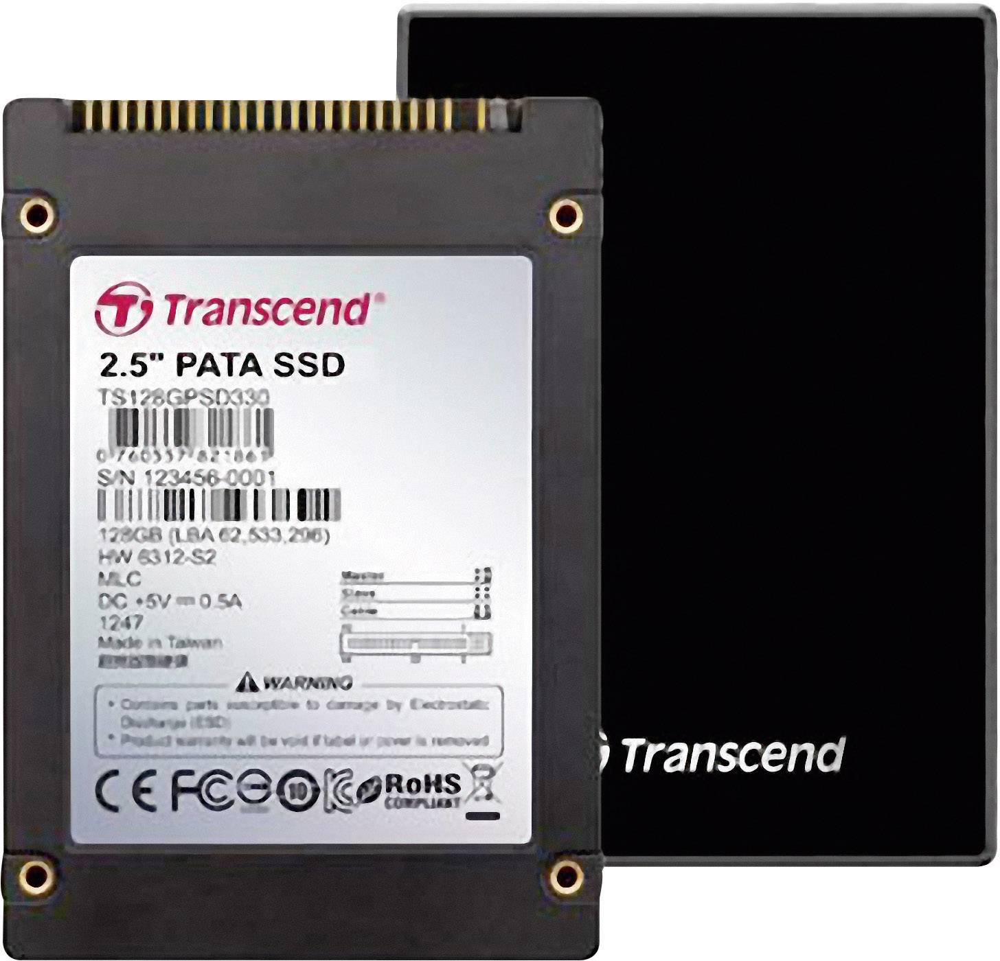 Un SSD PATA da 2,5 pollici di Transcend. Il lato anteriore mostra un'etichetta con specifiche tecniche, il lato posteriore è nero.