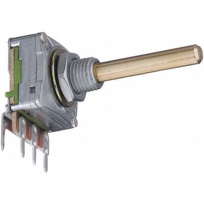 Un potenziometro rotativo con involucro metallico e albero lungo, idoneo al controllo di dispositivi elettrici.