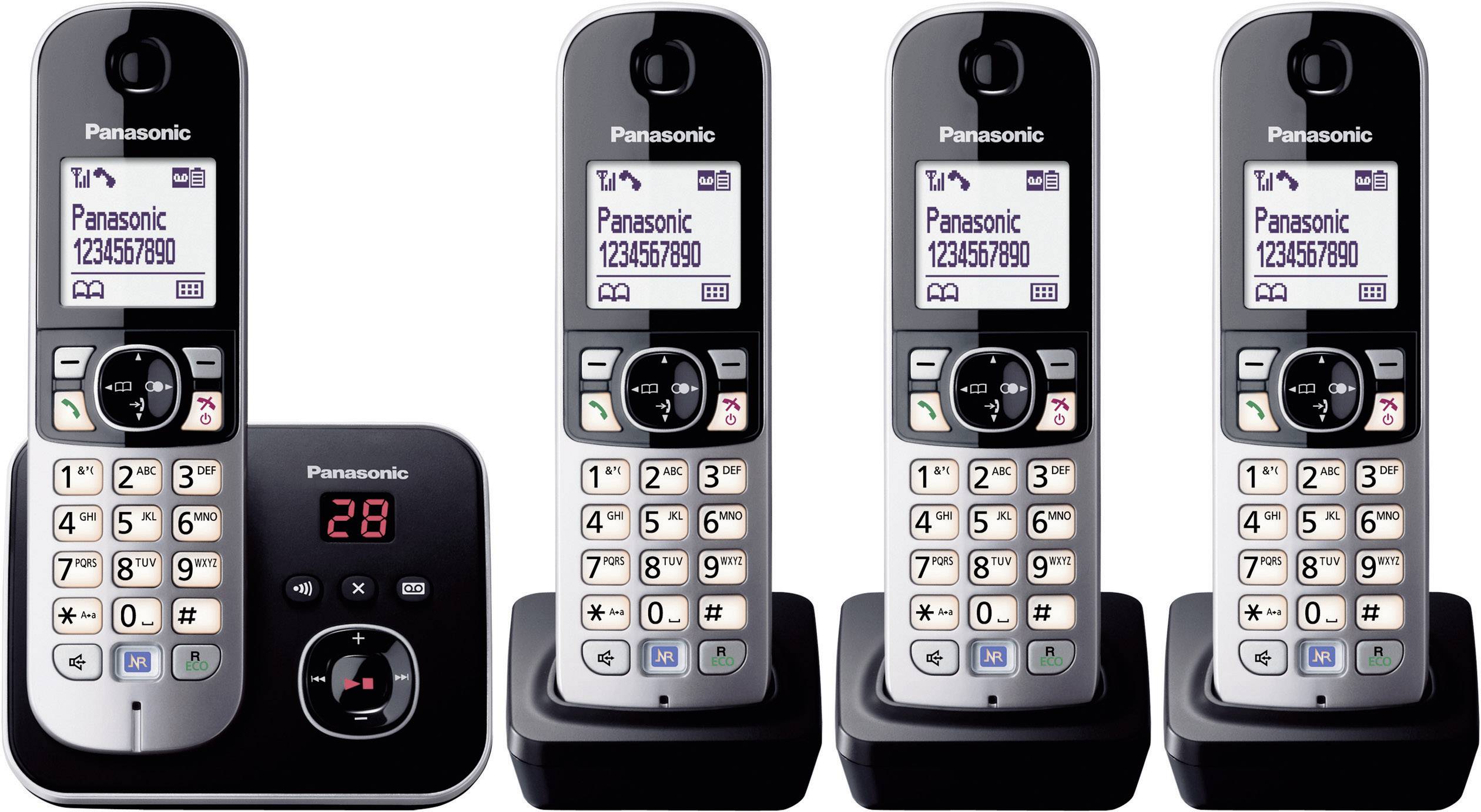 Set telefonico Panasonic con quattro cordless e segreteria telefonica. Ogni cordless è dotato di display e tastiera numerica.