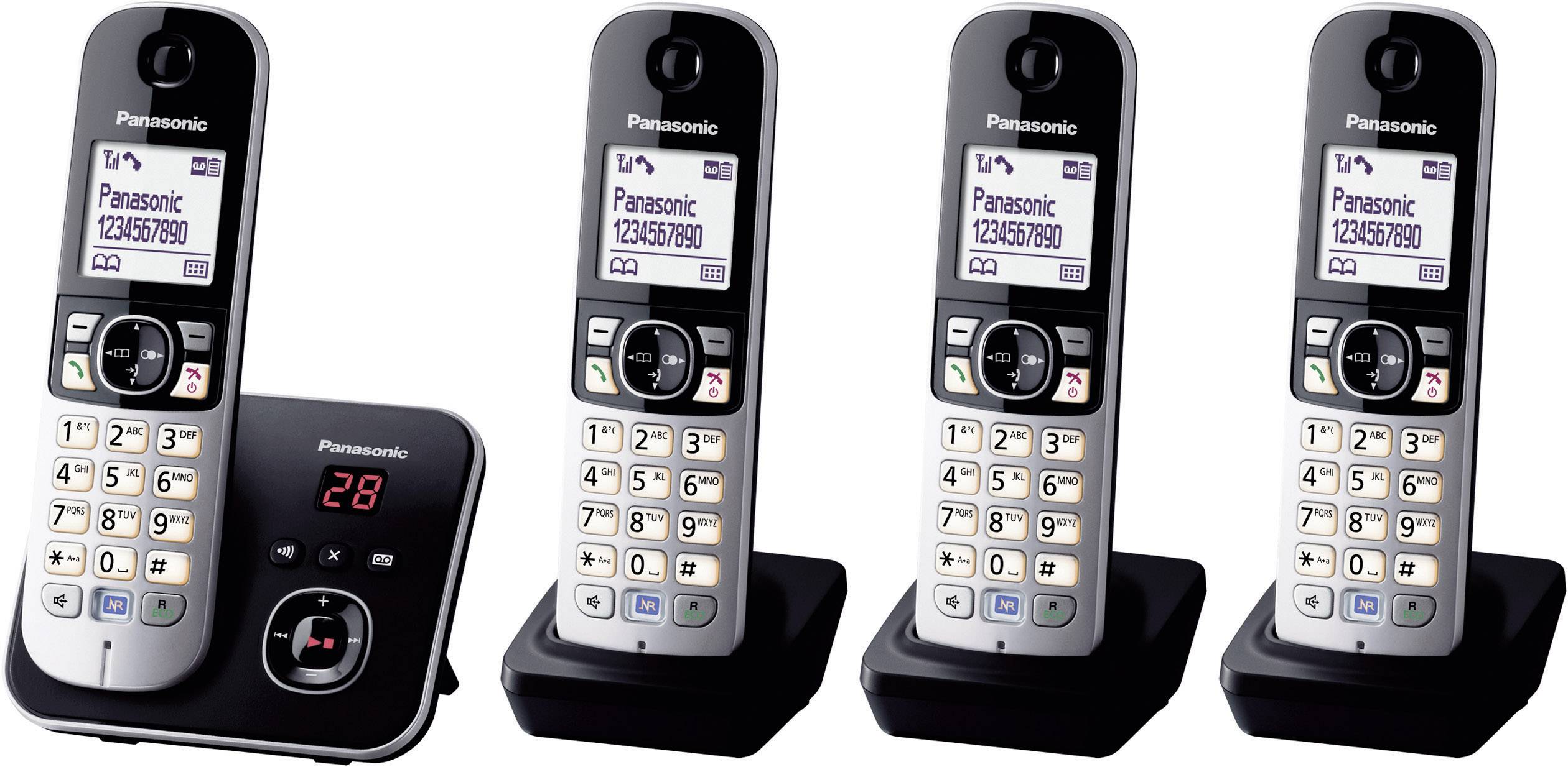 Un set di quattro telefoni cordless con stazione base e tre stazioni di ricarica. Ogni telefono è dotato di tastiera illuminata e display.