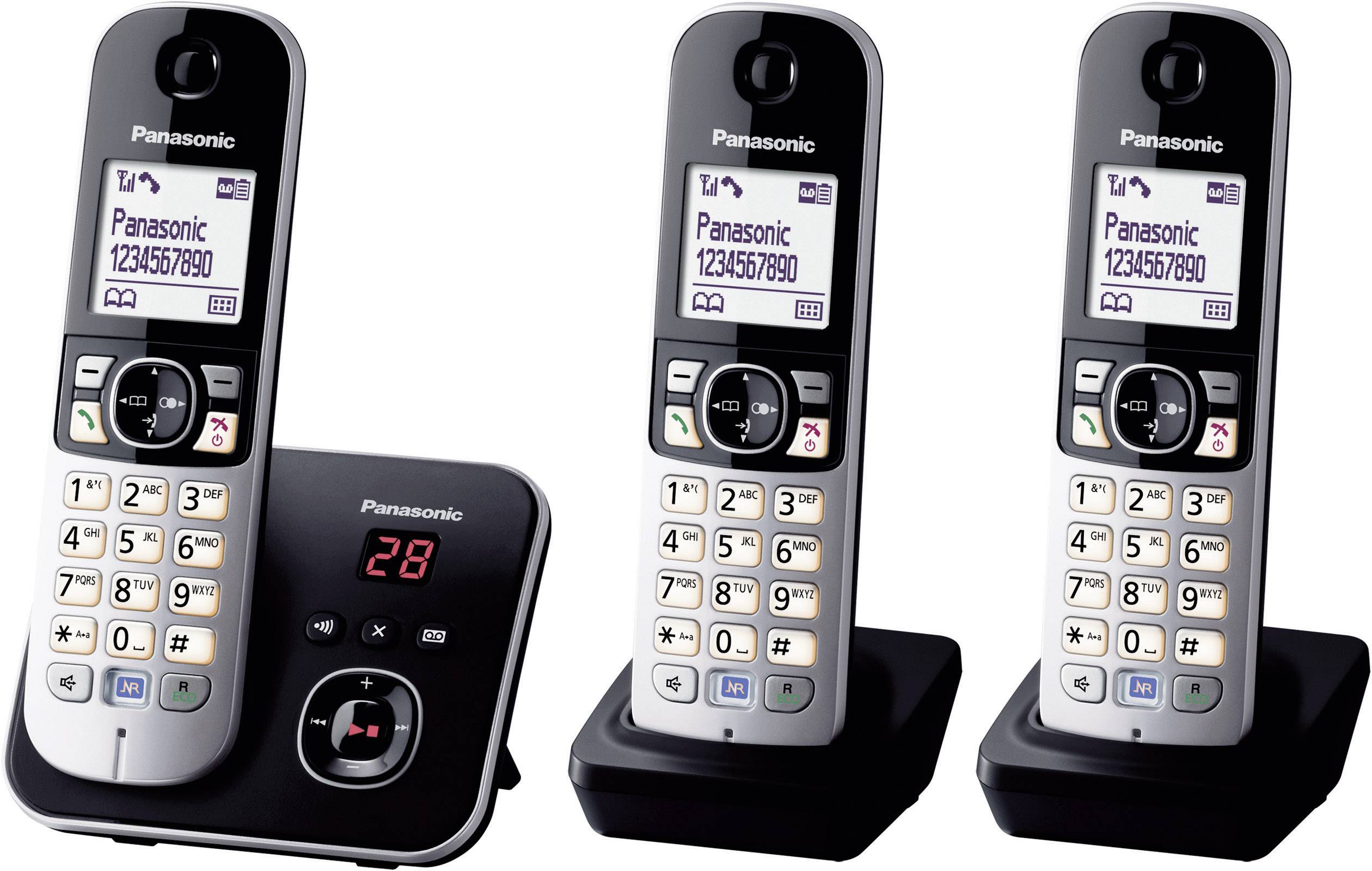 Tre telefoni cordless con display e tastiera poggiate sulle rispettive stazioni di ricarica. La stazione base mostra il numero '28'.