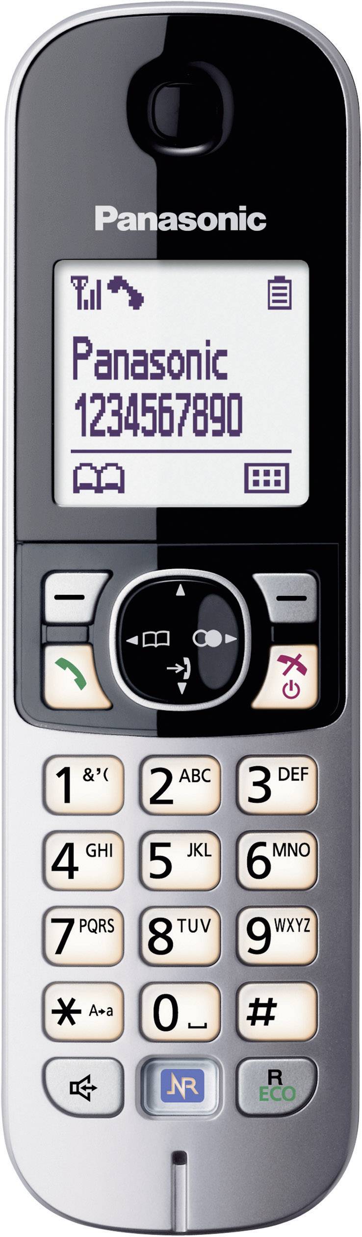 Telefono cordless Panasonic con tasti e display illuminati. Il display mostra 'Panasonic' e un numero di telefono.
