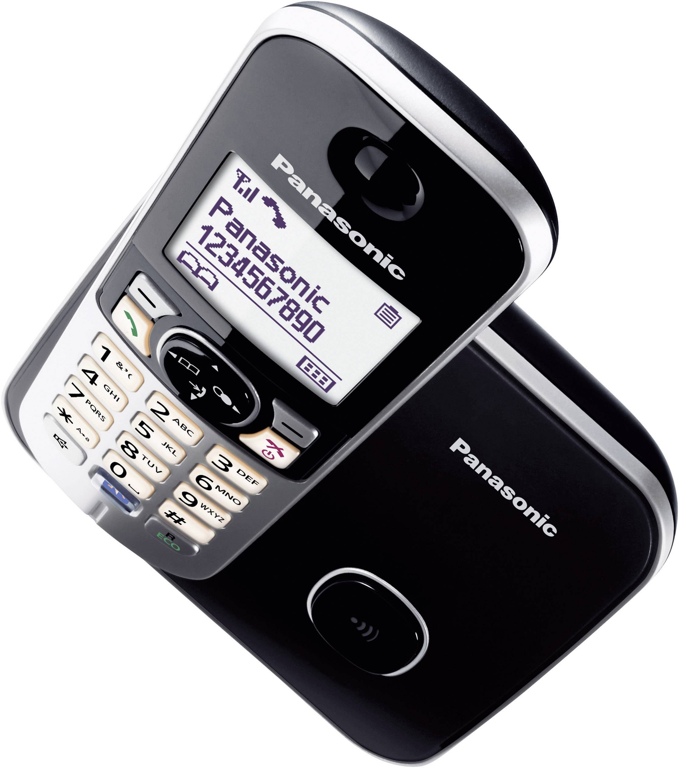 Telefono cordless DECT Panasonic in nero con stazione base. Il display mostra 'Panasonic' e un numero di telefono. Tastiera con diversi tasti.