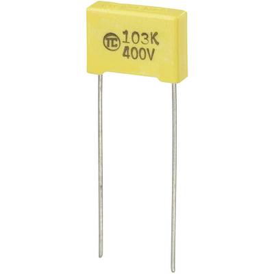 Un condensatore ceramico giallo con la scritta '103K 400V' e due fili metallici sporgenti.