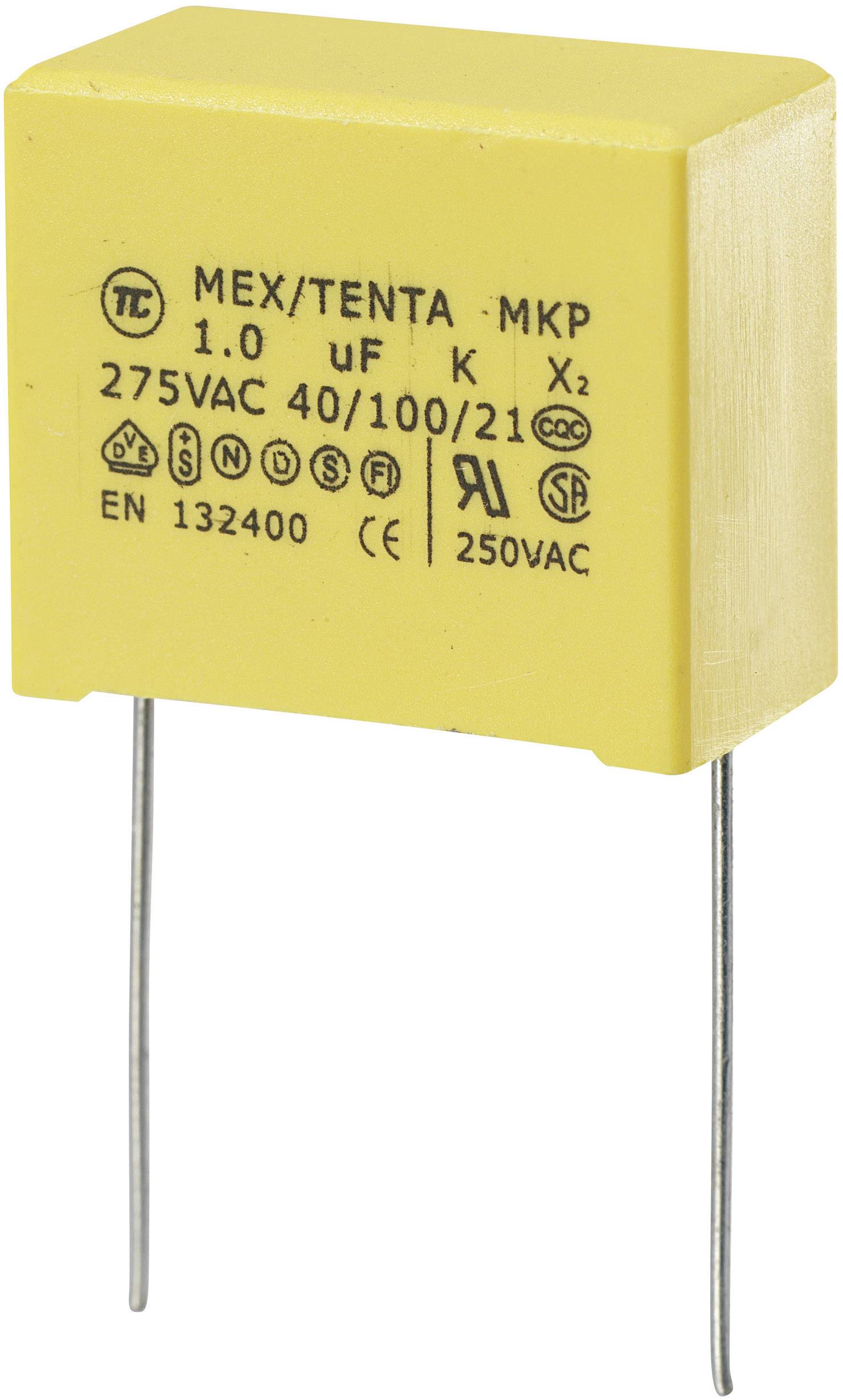 Condensatore rettangolare giallo con scritta: 'MEX/TENTA MKP, 1,0 µF, 275VAC 40/100/21C, EN 132400'. Due fili in basso.