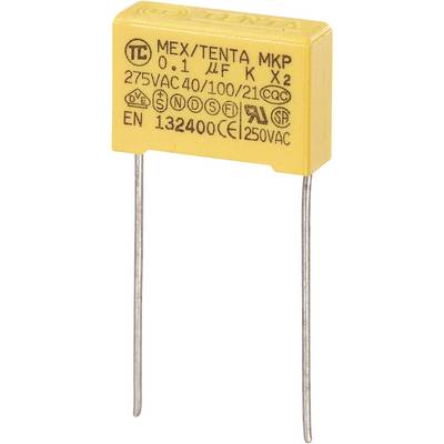 Un condensatore MKP giallo con la scritta: '0,1 μF, 275VAC, 250VAC'. Ha due fili di collegamento lunghi.