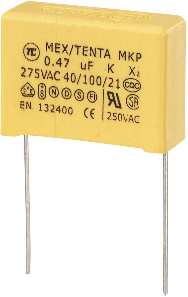 Condensatore per la soppressione dei radiodisturbi MKP-X2 cablaggio radiale 0,47 µF 275 V/AC 10% 22,5 mm (L x P x A) 26,5 x 10 x 19 mm MKP-X2 1 pz.
