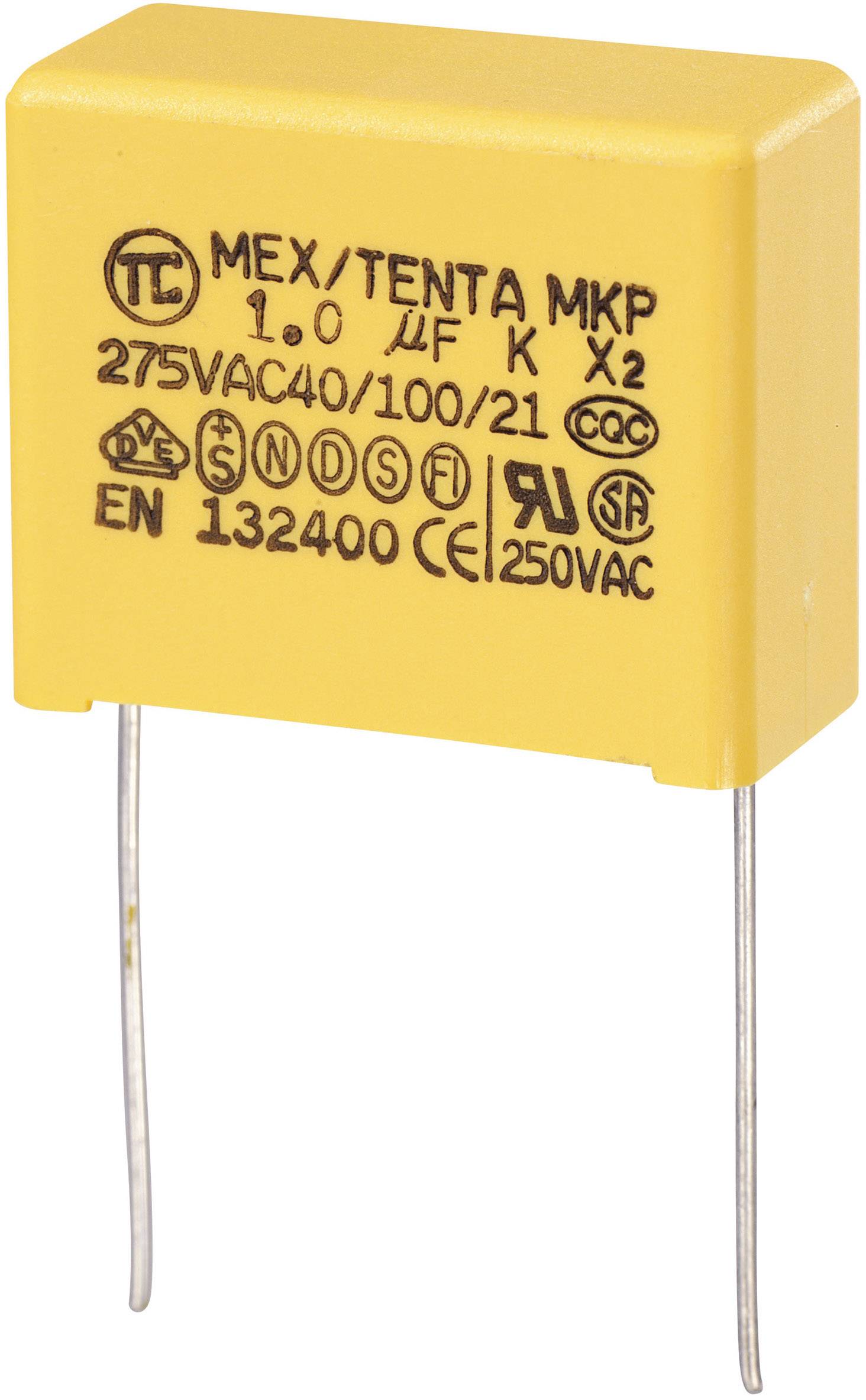 Condensatore giallo con scritta 'MEX/TENTA MKP 1.0 µF 275VAC'. Due piedini metallici sporgono dalla parte inferiore.