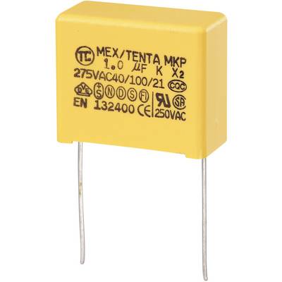 Condensatore giallo con scritta 'MEX/TENTA MKP 1.0 µF 275VAC'. Due piedini metallici sporgono dalla parte inferiore.