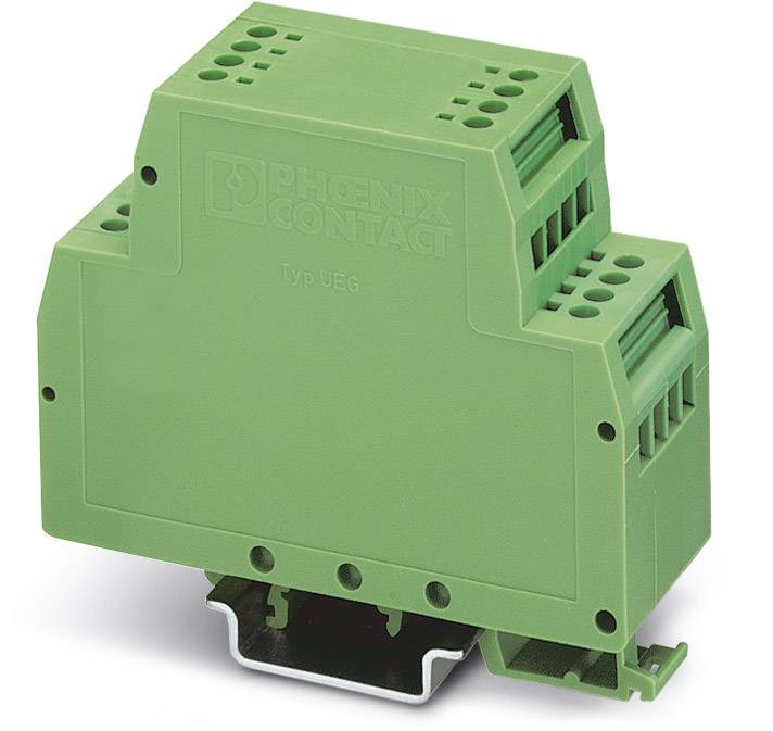 Componente elettronica verde per montaggio su guida DIN, con la scritta 'Phoenix Contact Tipo UEG', offre protezione e soluzioni di connessione flessibili.