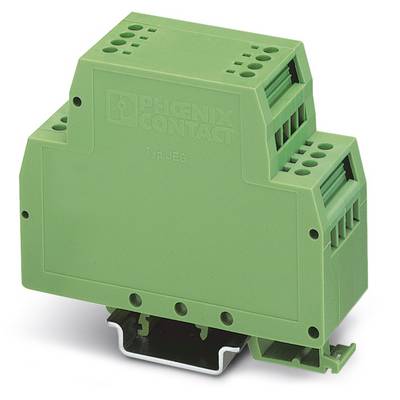 Componente elettronica verde per montaggio su guida DIN, con la scritta 'Phoenix Contact Tipo UEG', offre protezione e soluzioni di connessione flessibili.