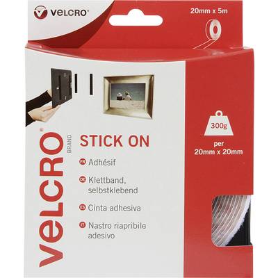 Confezione di nastro a strappo, marca Velcro. Dettagli: 20 mm x 5 m, autoadesivo, carico di 300 g per striscia da 20 mm x 20 mm. Usi illustrati.