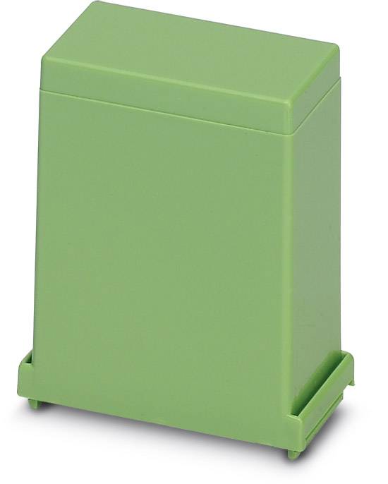 Un contenitore rettangolare verde in plastica con coperchio piatto e piccoli piedini.