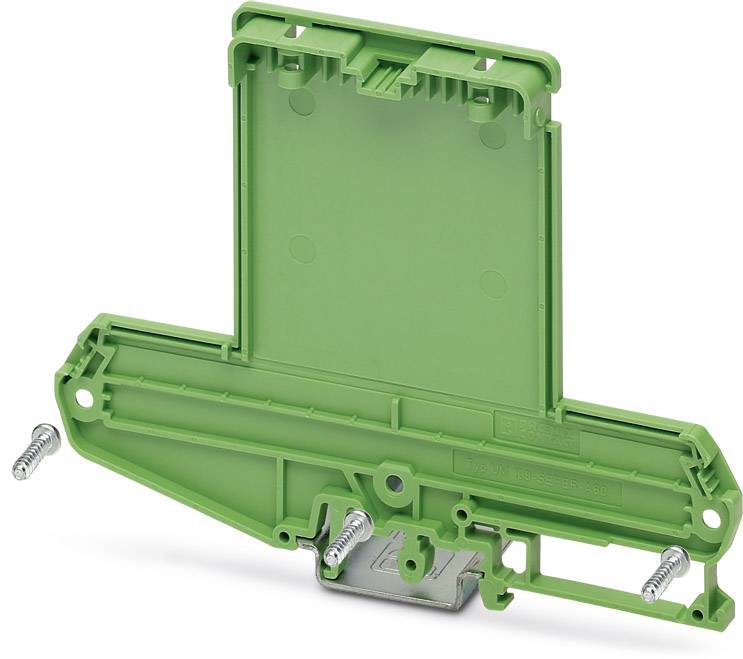 Supporto in plastica verde con due viti argentate, utilizzato per fissare componenti elettrici su una guida DIN.