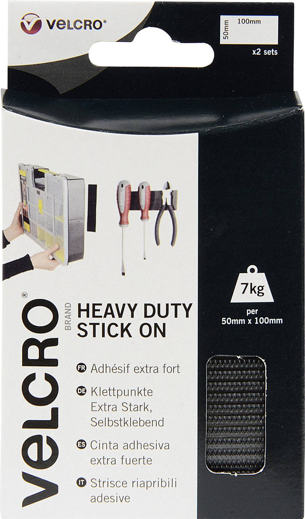 Confezione di strisce a velcro con scritta 'Heavy Duty Stick On'. Contiene due set, ciascuno da 50mm x 100mm, portata di 7kg.