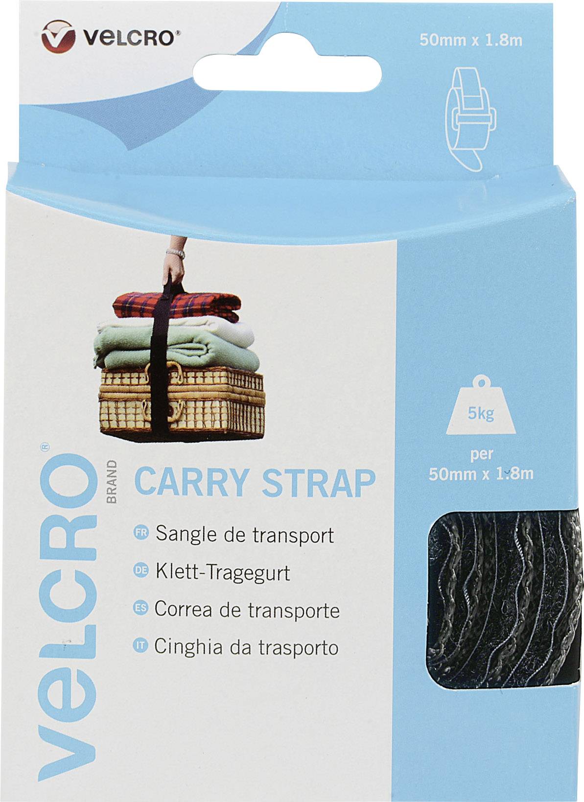 Cinghia di fissaggio con velcro per bagagli, confezione con immagine di bagagli impilati assicurati con una cinghia nera. Dimensioni: 50mm x 1,8m. Portata: 5kg.