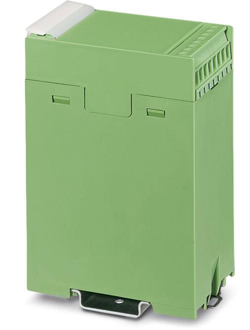 Un modulo elettronico verde, rettangolare, probabilmente un componente per quadro elettrico, su una superficie bianca.