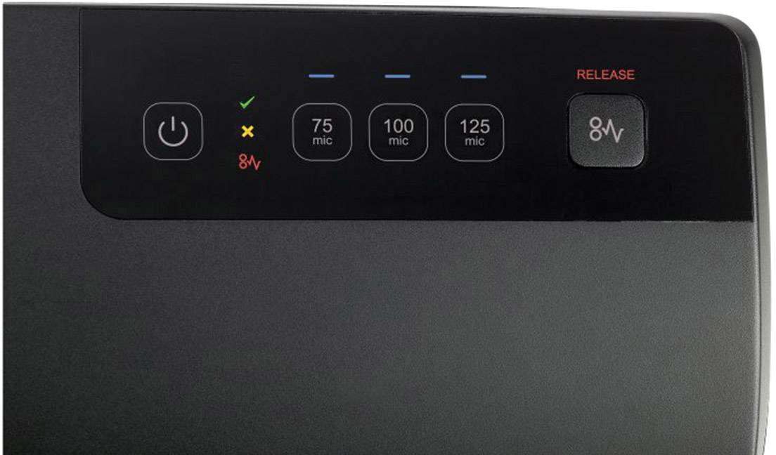 Un dispositivo nero con cinque tasti. I tasti sono etichettati con 'Power', '75 mic', '100 mic', '125 mic' e 'Release'. Le spie luminose indicano lo stato operativo.