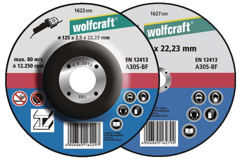 Due dischi da taglio Wolfcraft con specifiche di dimensioni e caratteristiche, come 125 x 2,5 x 22,23 mm e max. 80 m/s o 12.250 giri/min.