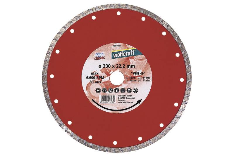 Disco diamantata rossa con bordo argentato, diametro 230 mm, adatta per la lavorazione della pietra, max 6600 giri/min.