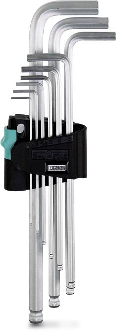 Un set di otto chiavi a brugola di diverse dimensioni, sistemate in un supporto nero con chiusura verde, per l'organizzazione degli utensili.