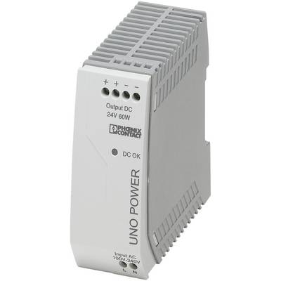 Alimentatore industriale 'UNO POWER', ingresso AC 100-240V, uscita DC 24V 60W, con LED di stato e loghi sulla parte frontale.