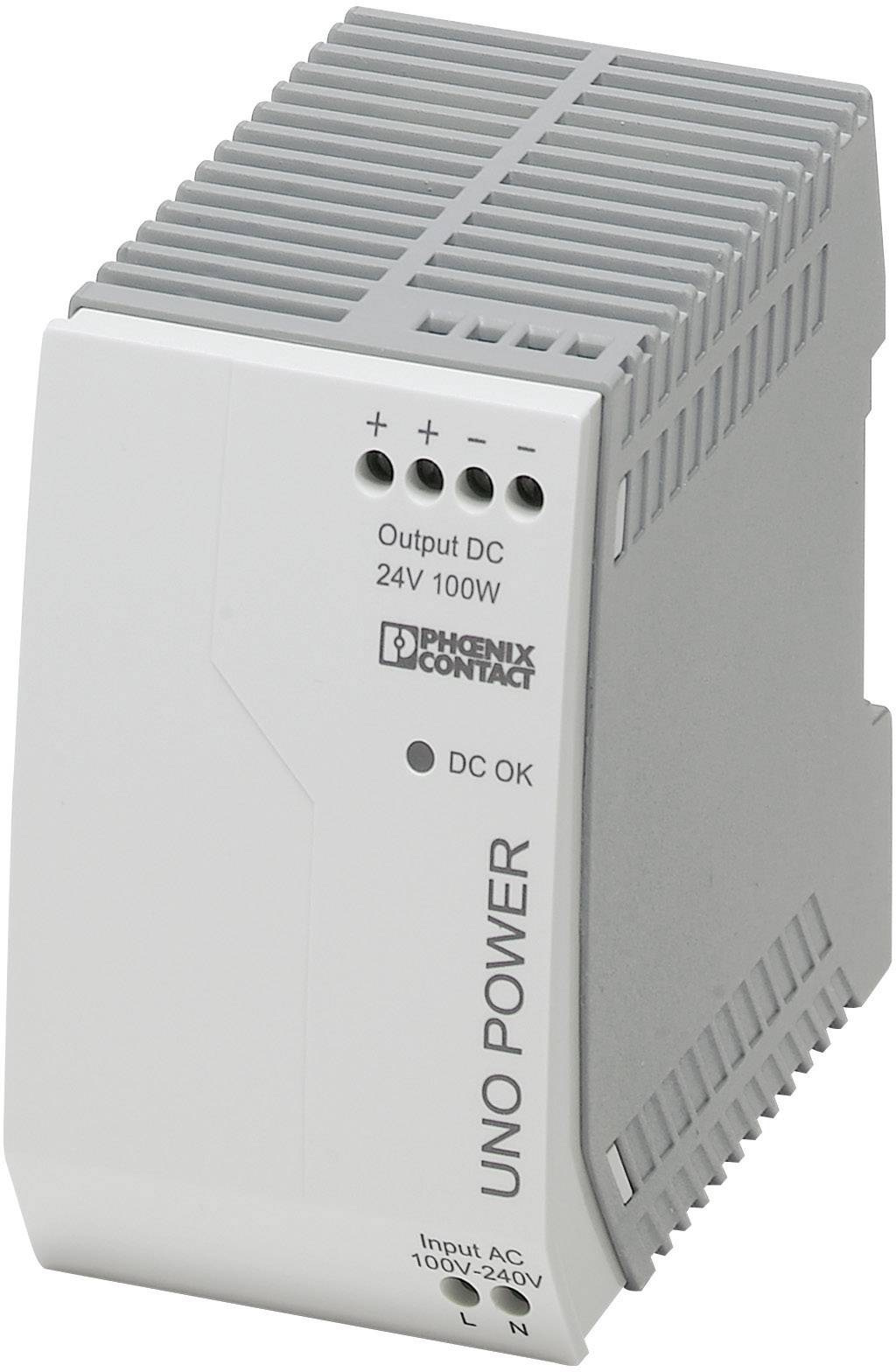 Alimentatore di Phoenix Contact, modello UNO POWER, 24V, 100W. Dotato di spie di stato ed è adatto per tensioni di ingresso da 100 a 240V AC.