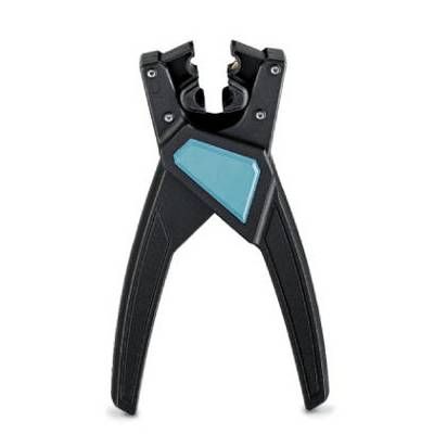 Un utensile nero per spellare cavi con dettagli blu. Ha un manico e una punta speciale per spellare i cavi.