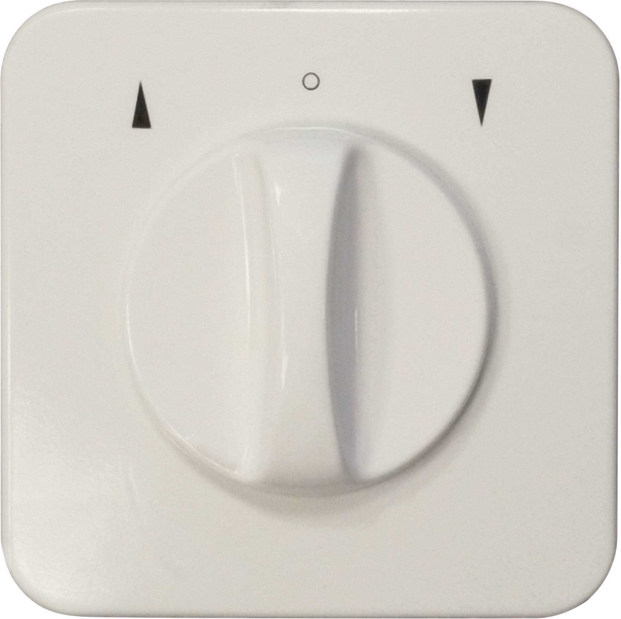 Un interruttore rotativo bianco con frecce che puntano in direzioni opposte, probabilmente per controllare la luce o il volume.