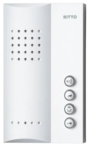 Dispositivo vivavoce bianco con quattro pulsanti a destra, etichettato con 'RITTO', presumibilmente per comunicazione porta in edifici residenziali.