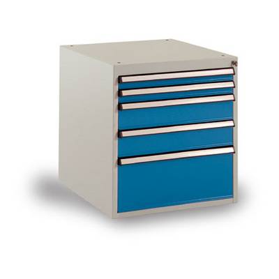 Armadio metallico con cinque cassetti blu, adatto per conservare utensili o materiale da ufficio.