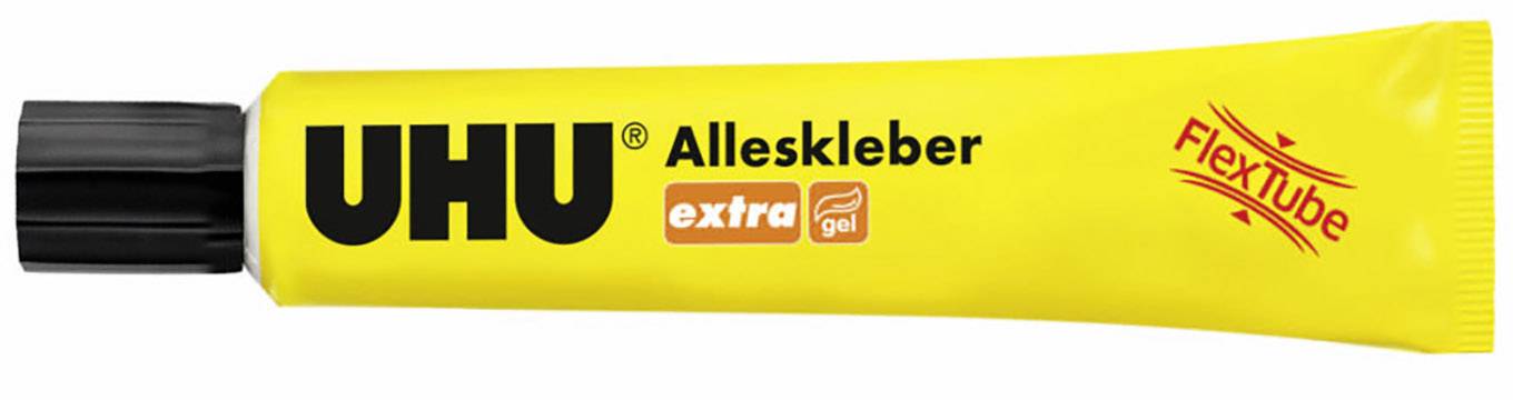 Tubo giallo UHU Alleskleber con coperchio nero. Scritta: 'UHU Alleskleber extra gel'. Logo del marchio e indicazione 'FlexTube'.