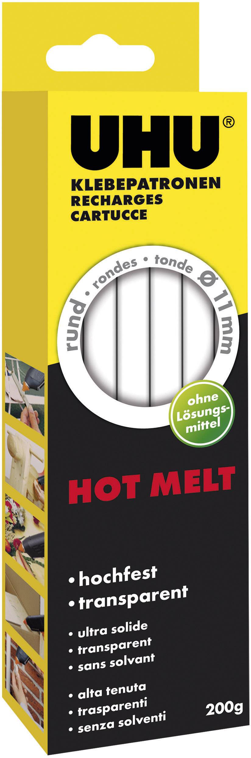 Cartucce di colla a caldo UHU Hot Melt, altamente resistenti e trasparenti, diametro 11mm, confezione da 200g. Senza solventi, rotonde.