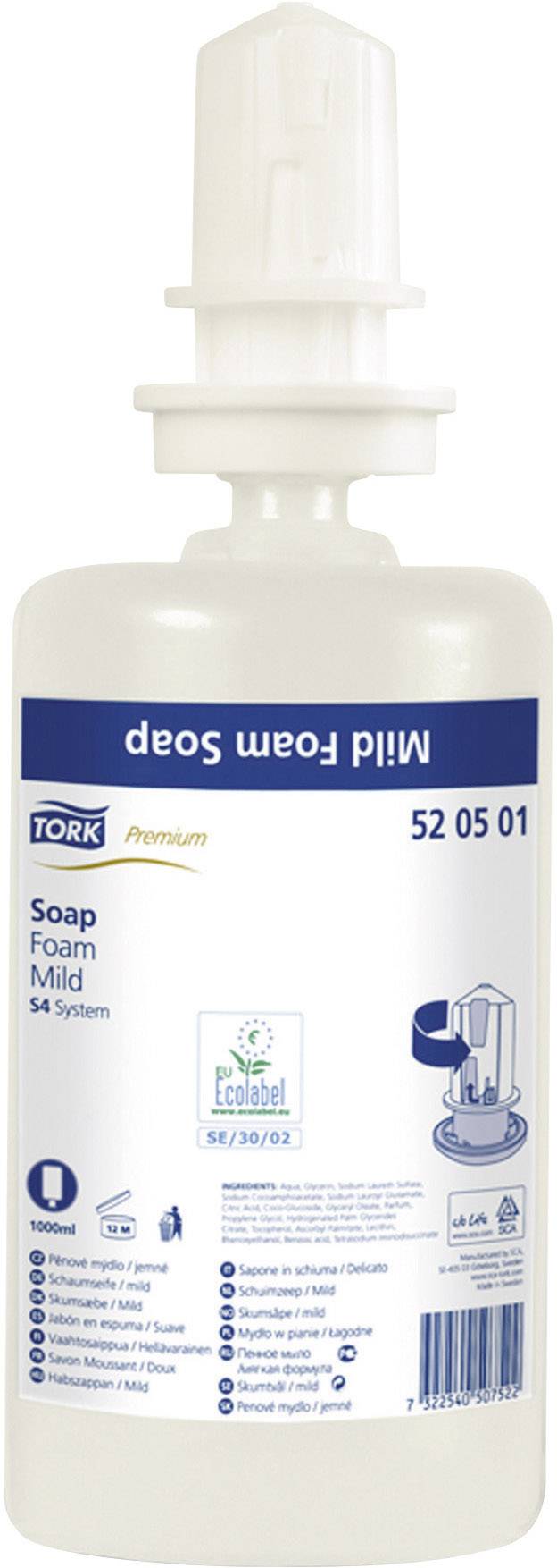 Bottiglia dispensatrice di sapone Tork Premium, contiene sapone liquido schiumoso delicato per il sistema S4. Bottiglia con simbolo Eco-Label e istruzioni per l'uso.