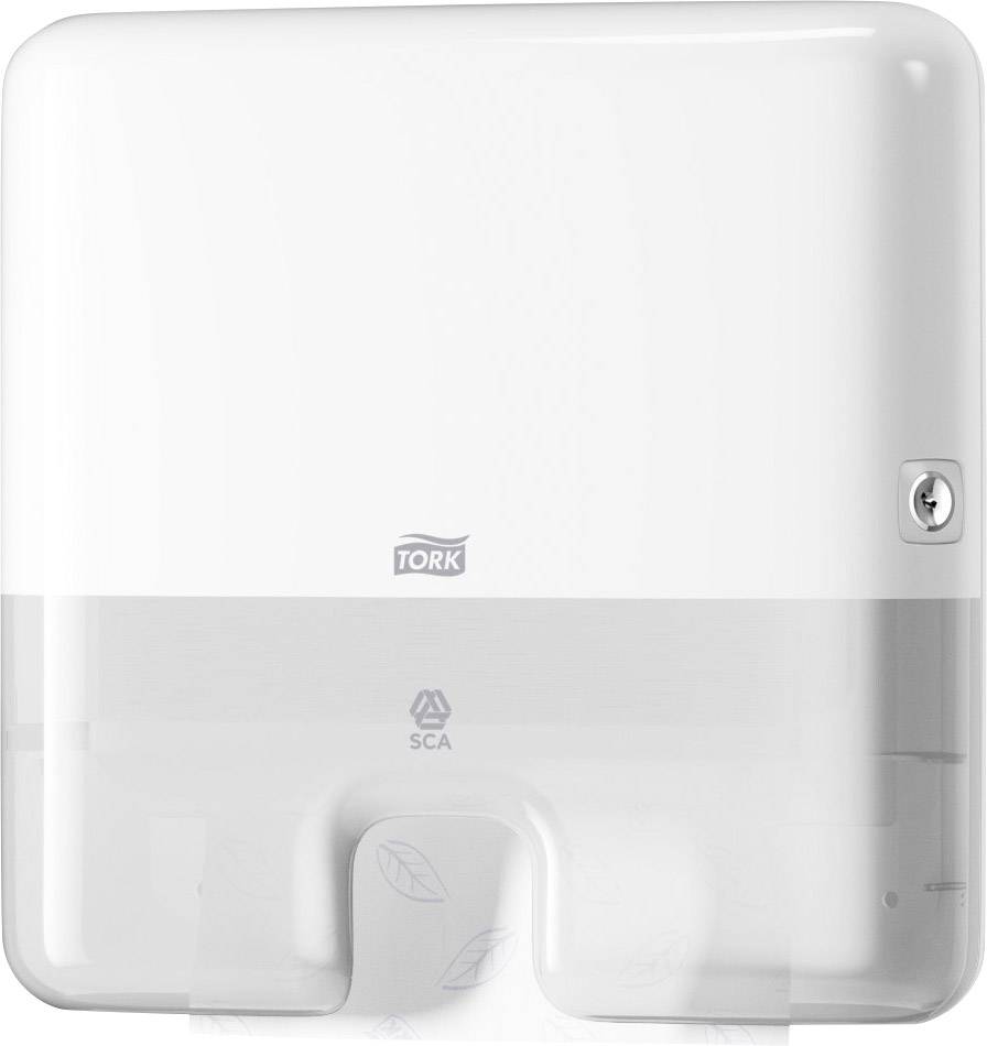 Dispenser di asciugamani di carta montato su una parete, involucro bianco con logo Tork, con fessura per chiave di sicurezza.