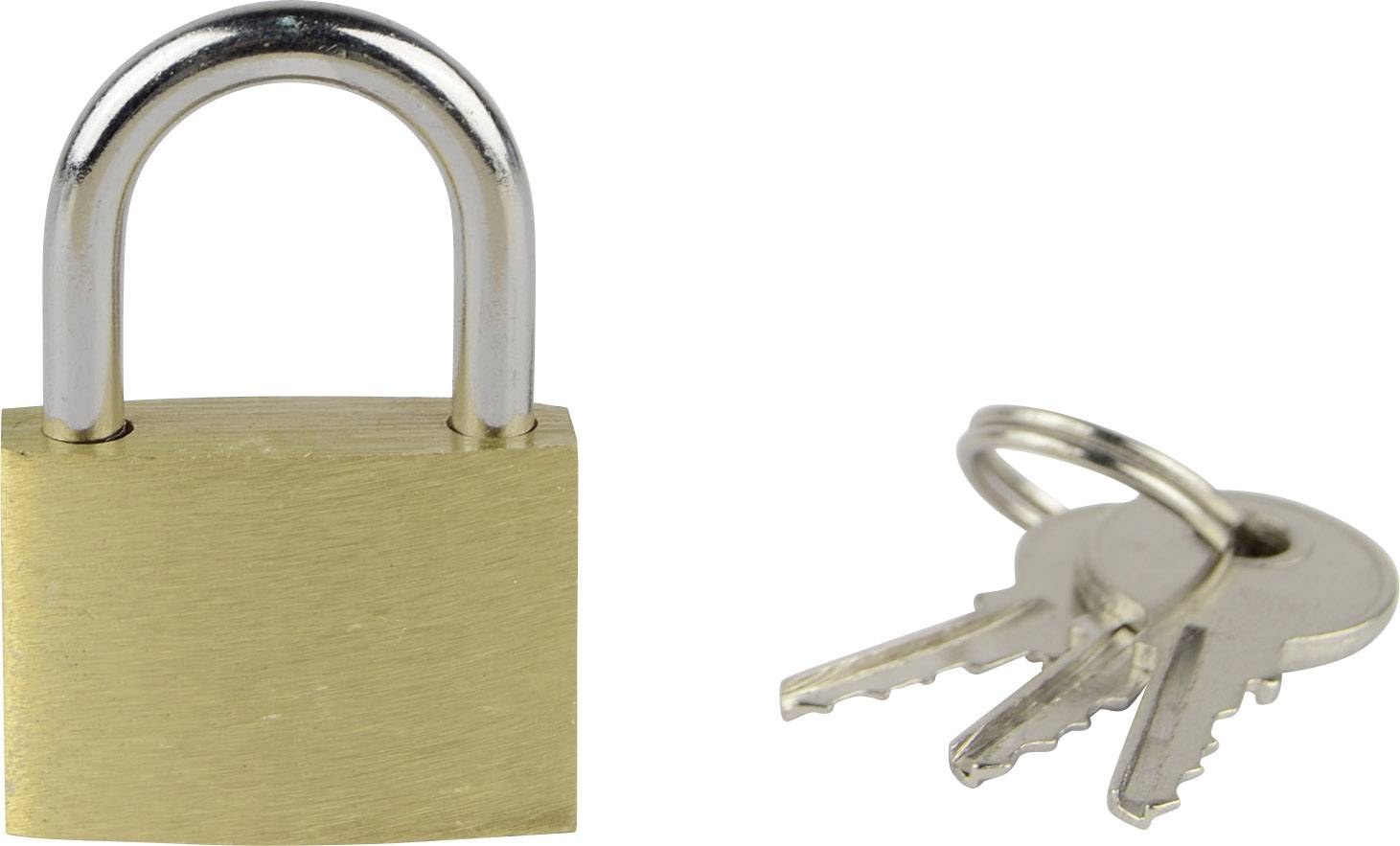 Un lucchetto di ottone accanto a tre chiavi d'argento raggruppate su un anello.