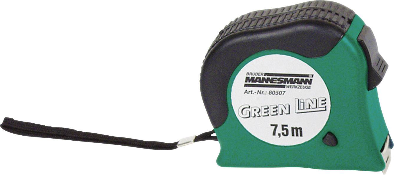 Nastro metrico verde 'Mannesmann Green Line' da 7,5 m, con gancio nero in alto, design a forma di sfera e piccola leva nera.