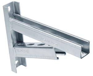 Staffa metallica a L per montaggio a parete. Idonea al fissaggio di carichi pesanti, con fori per viti o bulloni.