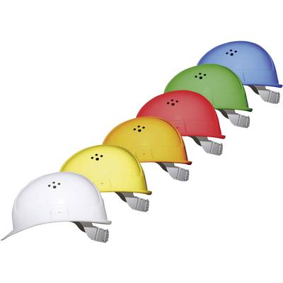 Sei caschi da cantiere in colori diversi (bianco, giallo, arancione, rosso, verde, blu) sono disposti in una linea diagonale.