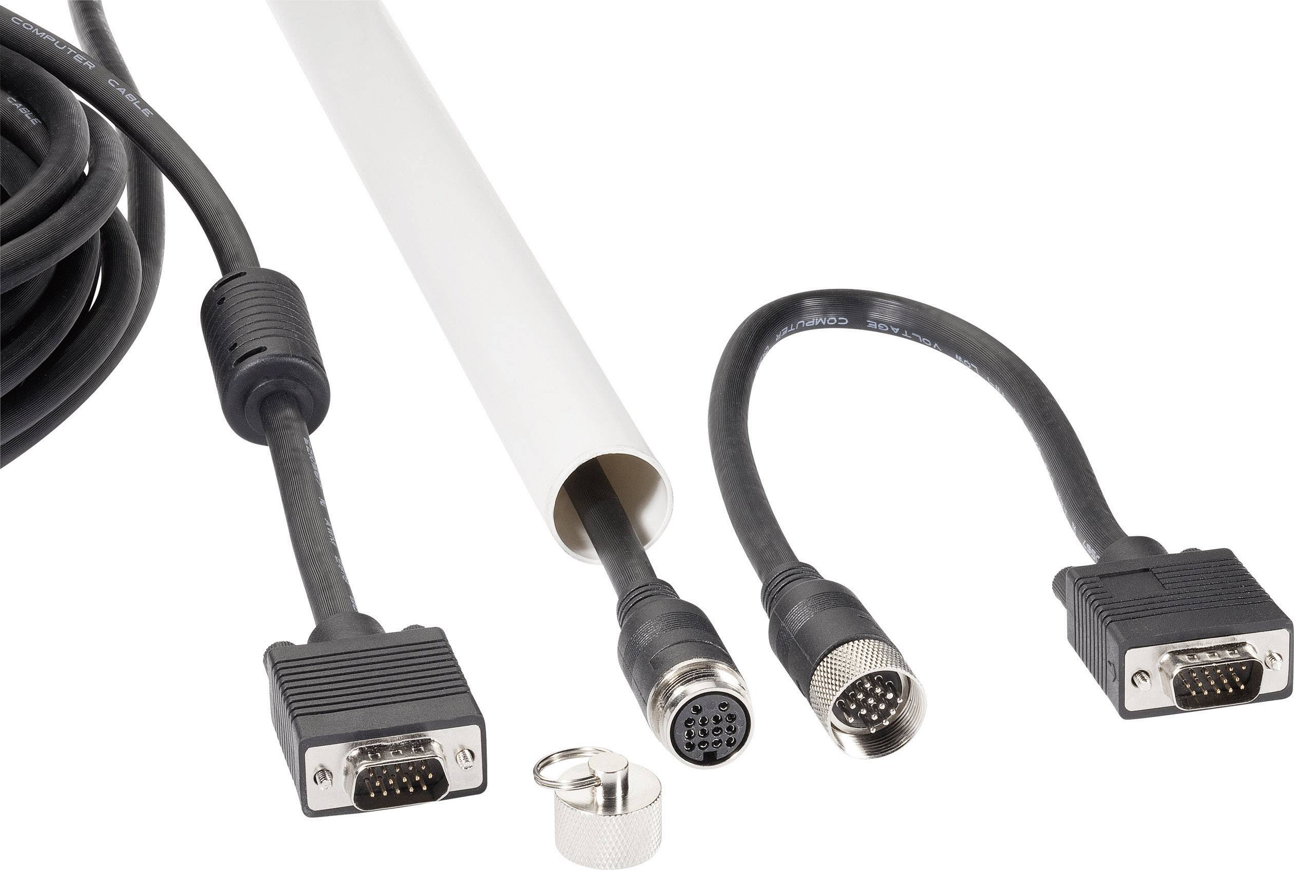 Tre cavi con connettori diversi: due connettori VGA e un connettore multipolare rotondo; uno in un involucro bianco.
