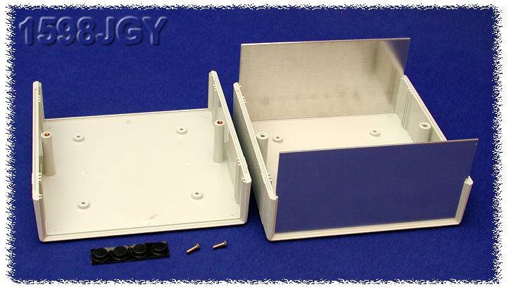 Set di involucri composto da due parti in plastica bianca su sfondo blu, uno aperto, con viti e componenti in plastica nera.