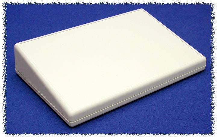 Un involucro rettangolare bianco in plastica su uno sfondo blu scuro.