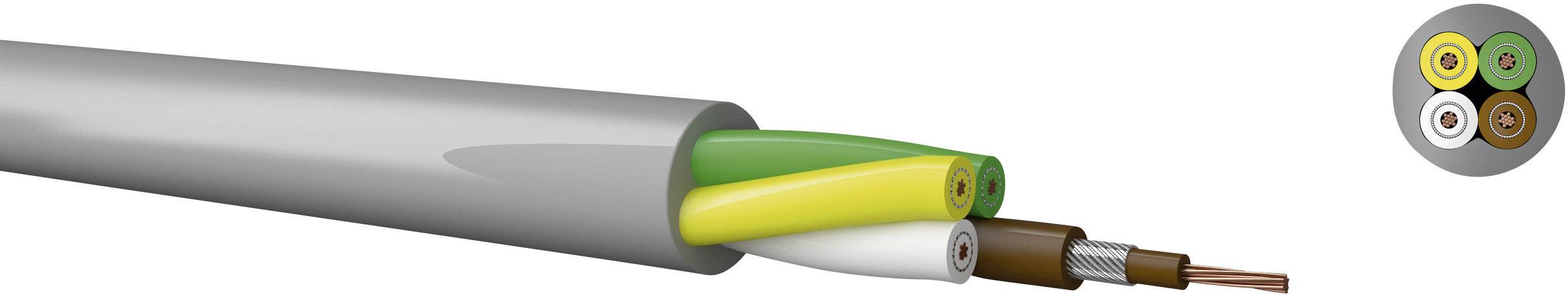 Un cavo grigio con tre conduttori interni colorati: Verde-Giallo, Bianco e Marrone. L'estremità del cavo mostra la sezione trasversale dei conduttori interni.