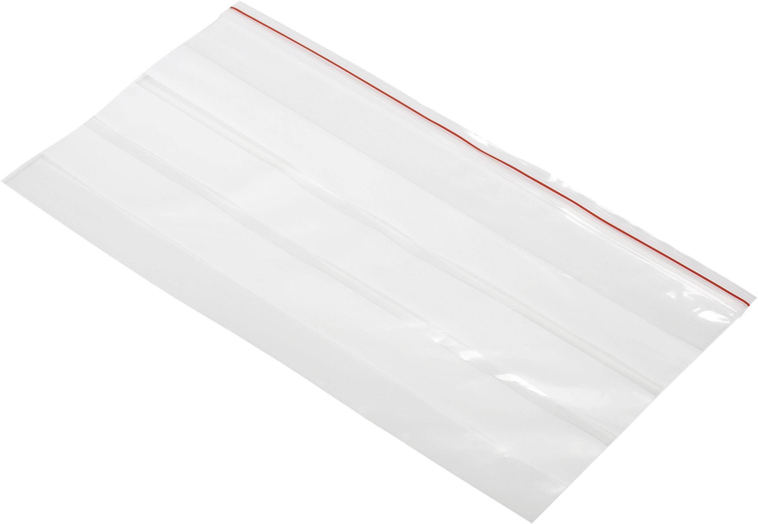 Sacchetto di plastica con chiusura a zip rossa, vuoto, su sfondo bianco.