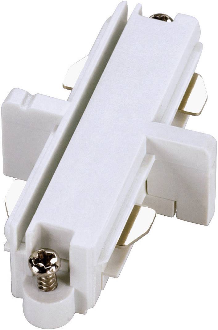 Un connettore elettrico bianco con due morsetti metallici e una vite per il fissaggio, idoneo per il collegamento di conduttori.